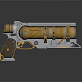 Futuristic Sci Fi Gun With Golden Silver Metal Parts Wooden Grip And Green Glowing Elements