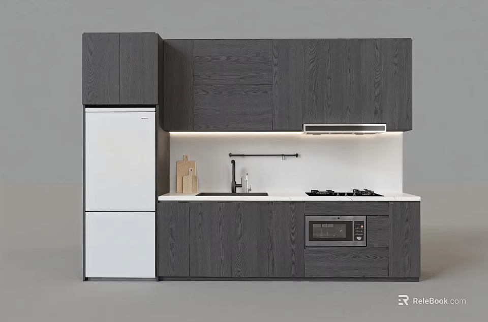 Modern Dark Gray Wooden Kitchen Cabinets With Refrigerator Stove And Microwave 3d model 