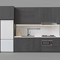 Modern Dark Gray Wooden Kitchen Cabinets With Refrigerator Stove And Microwave