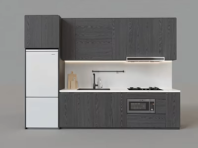 Modern Dark Gray Wooden Kitchen Cabinets With Refrigerator Stove And Microwave 3d model