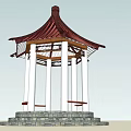 Traditional Pavilion With Red Roof White Pillars And Circular Gray Stone Base