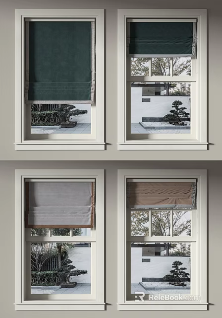 Different Colored Window Blinds For Home Windows With Garden And Plant Views 3d model 