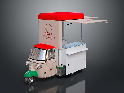Chefino Taste Food Cart With Red Roof Beige Body And Green Wheels 3d model