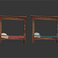 Wooden Nightstands With Checkered Tabletop And Lower Storage Shelf Holding Colorful Blankets