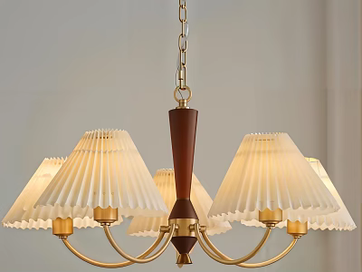 Elegant Chandelier With Multiple Cream Pleated Lampshades And Golden Metal Frame 3d model