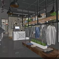 Modern Clothing Store Interior With Clothes On Hangers Wooden Display Table And Green Plants