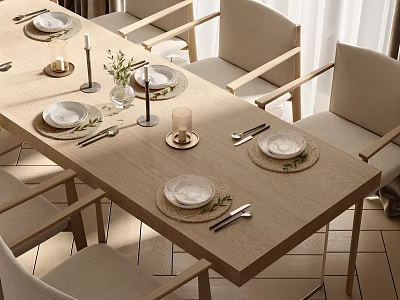 Modern Wooden Dining Table And Chairs With Placemats Plates Candles And Green Plants 3d model