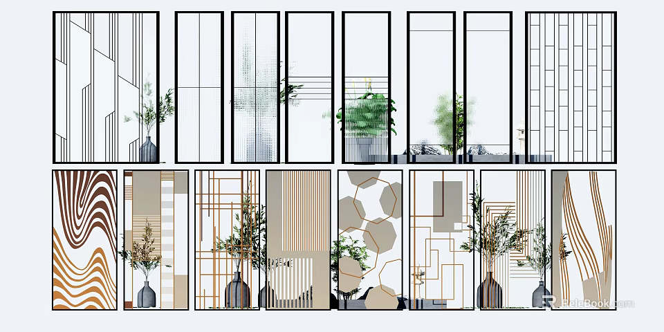 Modern Room Divider Designs With Geometric Patterns Striped Panels And Potted Plants 3d model