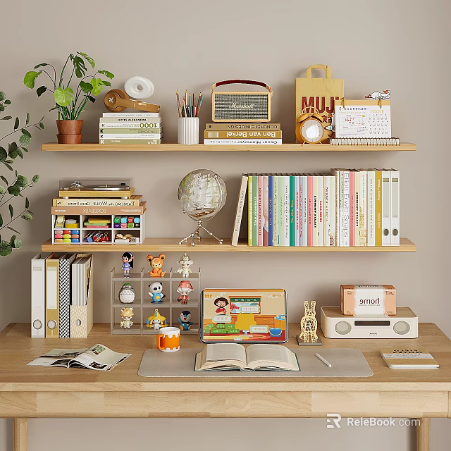 Organized Home Desk With Wooden Shelves Books Globe Figurines And Open Book 3d model 