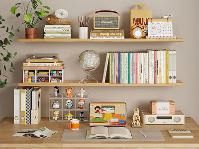 Organized Home Desk With Wooden Shelves Books Globe Figurines And Open Book 3d model