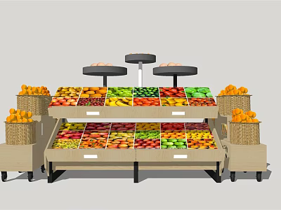 Multi Tier Fruit Display Shelves With Assorted Fruits In Baskets For Retail Store 3d model