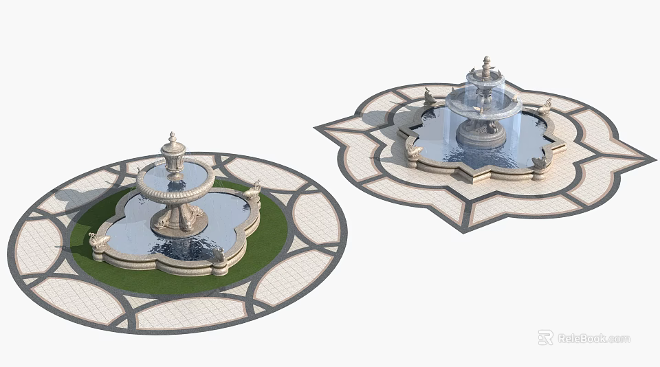 Garden Ornaments Featuring Twin Fountains With Geometric Paving And Green Lawn 3d model 