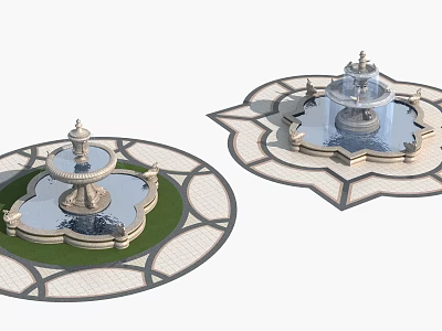 Garden Ornaments Featuring Twin Fountains With Geometric Paving And Green Lawn 3d model