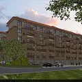 Modern Multi Storey Residential Building With Brown Roof Balconies Trees Greenery Street Cars And Pedestrians