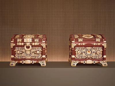 Two Dark Red Chests With Intricate Golden Decorations Against Brown Grid Patterned Wall 3d model