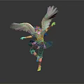 Winged Character 3D Model With Red Hair Green Outfit And Feather Wings In Dynamic Pose