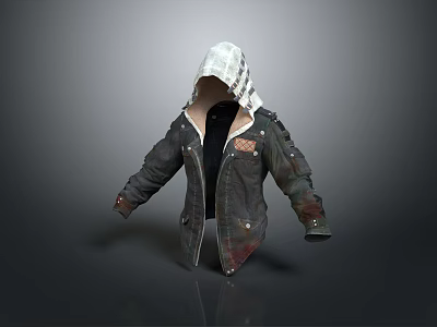 Dark Colored Hooded Jacket With Plaid Hood And Distressed Vintage Details 3d model
