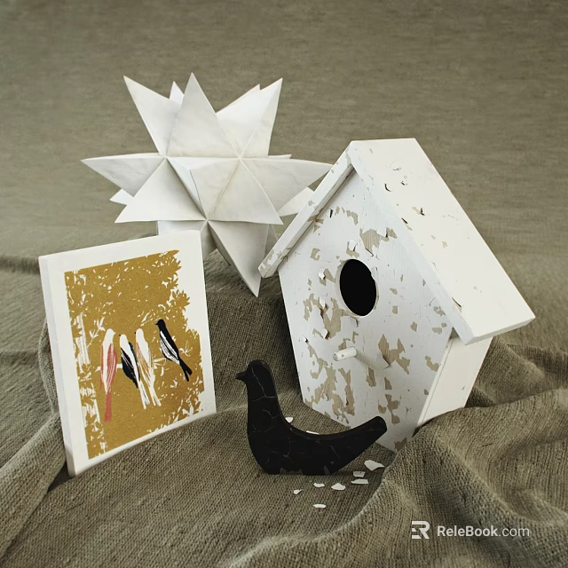 Decorative Ornament Set Featuring Star Origami Birdhouse Bird Figurine And Bird Card 3d model 