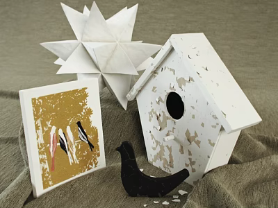 Decorative Ornament Set Featuring Star Origami Birdhouse Bird Figurine And Bird Card 3d model