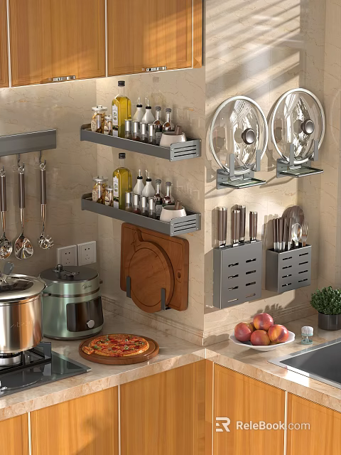 Modern Kitchen Wall Mounted Shelves With Kitchenware Knives Pots Cutting Board And Coffee Machine 3d model 