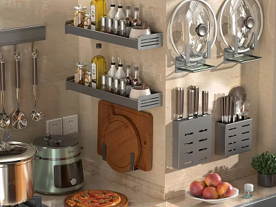 Modern Kitchen Wall Mounted Shelves With Kitchenware Knives Pots Cutting Board And Coffee Machine 3d model