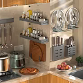 Modern Kitchen Wall Mounted Shelves With Kitchenware Knives Pots Cutting Board And Coffee Machine