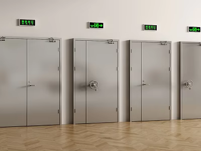 Silver Double Doors With Handles Green Signs White Walls And Wooden Flooring 3d model