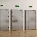 Silver Double Doors With Handles Green Signs White Walls And Wooden Flooring