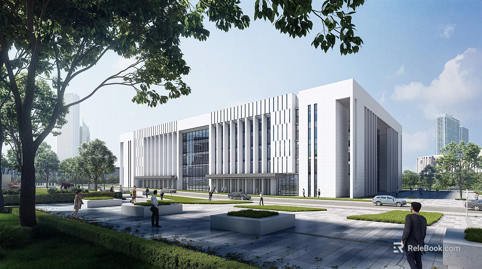 Modern Architectural White Office Building With Large Glass Windows Surrounded By Trees Lawn And Pedestrians 3d model