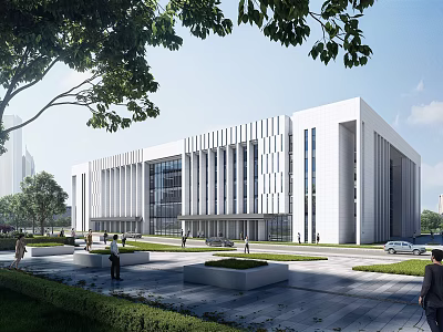 Modern Architectural White Office Building With Large Glass Windows Surrounded By Trees Lawn And Pedestrians 3d model
