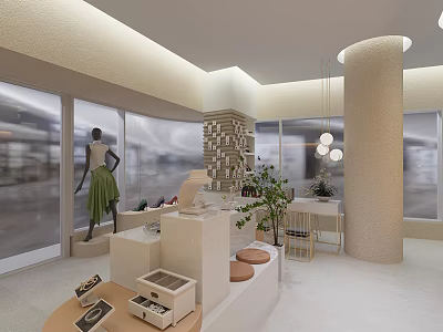 Modern Clothing Store Interior Design With Mannequin Display Tables And Plants 3d model