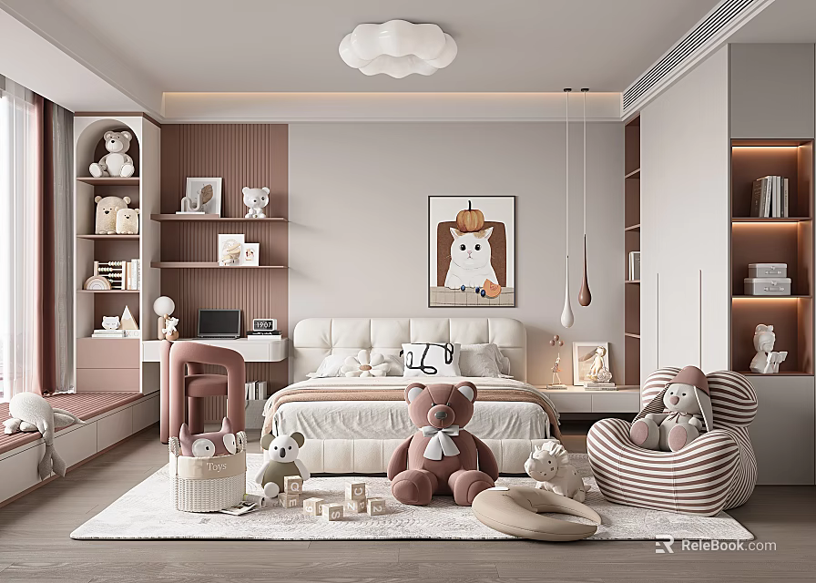 Cozy Kids Room Interior Design With Cloud Pendant Light Stuffed Bears Bed And Striped Chair 3d model 