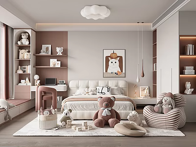 Cozy Kids Room Interior Design With Cloud Pendant Light Stuffed Bears Bed And Striped Chair 3d model