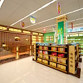 Pharmacy Store Interior Design With Well Arranged Medicine Shelves Cashier Counter And Health Products