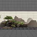 Chinese Style Landscape Feature Wall With Pine Tree Rockery And Gray Tile Background 3d model