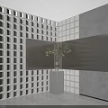 Modern Background Wall Design With Geometric Grid Lighting Concrete Pedestal And Decorative Plant