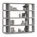 Modern Wooden Shelving Unit With Multi Tiered Design And Decorative Items Books Vases Bowls
