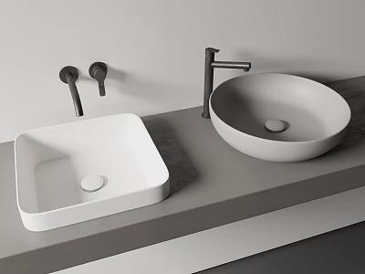 Modern Bathroom With White Square And Round Washbasins Black Faucets Gray Countertop 3d model
