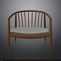 Wooden Chair with Curved Backrest Slat Design and Light Colored Cushion