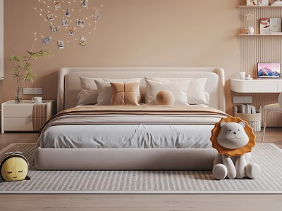 Cozy Bedroom Interior Design With Plush Lion Toy Photo String Lights Soft Pillows And Rug 3d model