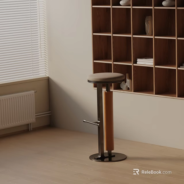 Modern Adjustable Bar Stool With Round Leather Seat Near Wooden Bookshelf And Window Blinds 3d model 