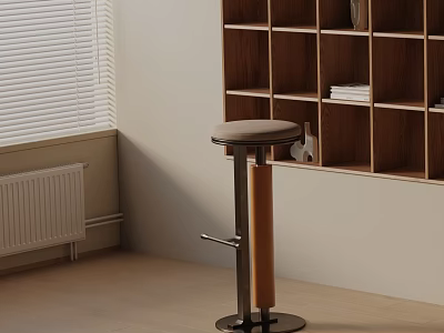 Modern Adjustable Bar Stool With Round Leather Seat Near Wooden Bookshelf And Window Blinds 3d model