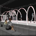Tobacco and Liquor Store Interior With Arched Structures Colorful Lighting and Customers