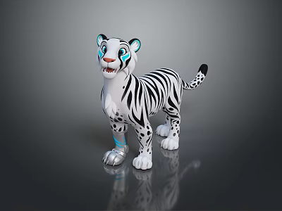 Cute White Tiger Figurine With Black Stripes Blue Eyes Ears And Shiny Paws 3d model