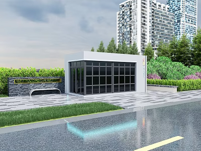 Modern Small Building With Glass Walls Surrounded By Greenery And High Rise Towers 3d model