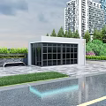 Modern Small Building With Glass Walls Surrounded By Greenery And High Rise Towers