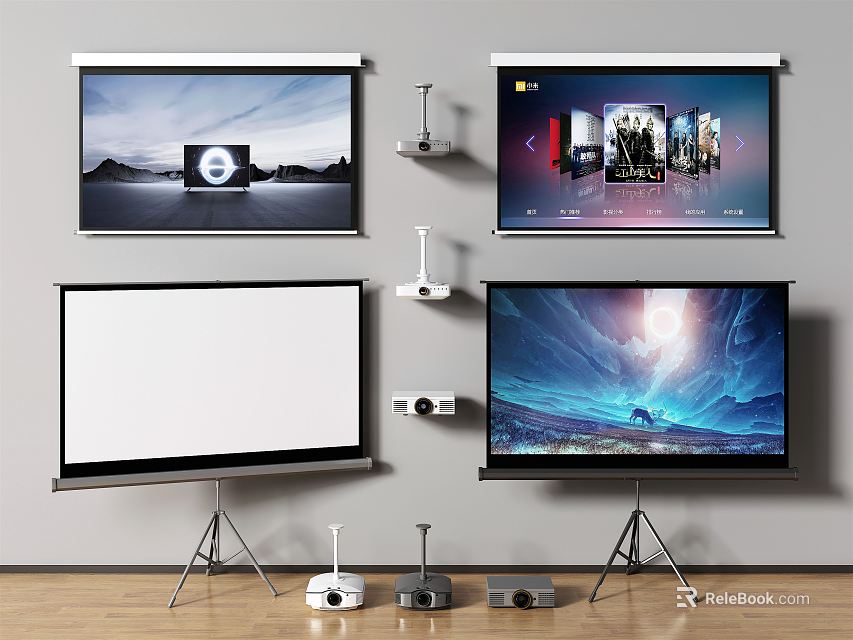 Projection Monitoring Setup With Wall Mounted Screens Tripod Stand And Projector Equipment 3d model 