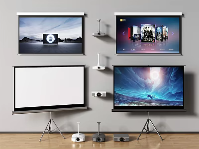 Projection Monitoring Setup With Wall Mounted Screens Tripod Stand And Projector Equipment 3d model