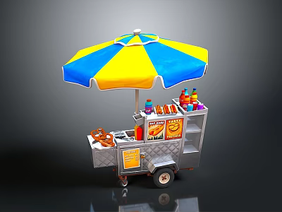 Colorful Street Food Cart With Yellow Blue Umbrella And Various Snacks Drinks 3d model