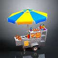 Colorful Street Food Cart With Yellow Blue Umbrella And Various Snacks Drinks